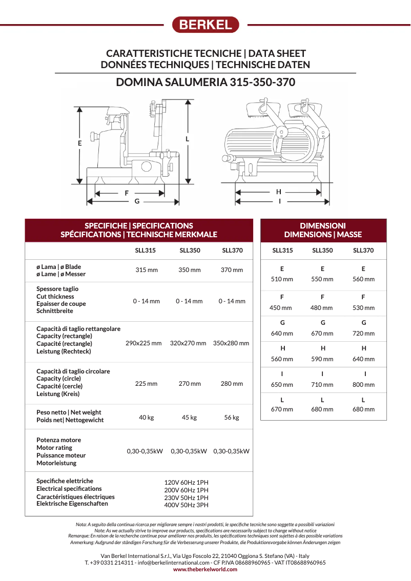 Page 1 of the manual Technical Sheet Berkel Domina Salumeria SLL350