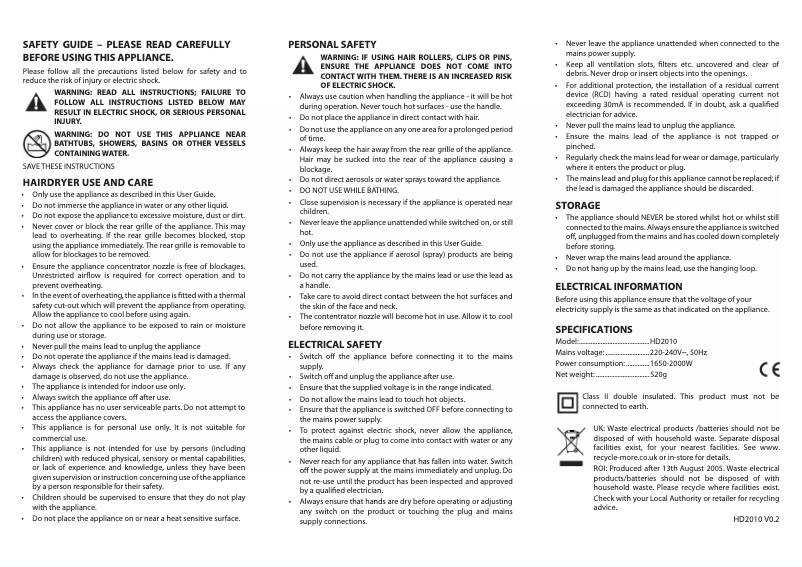 First page image of the manual for HD2010