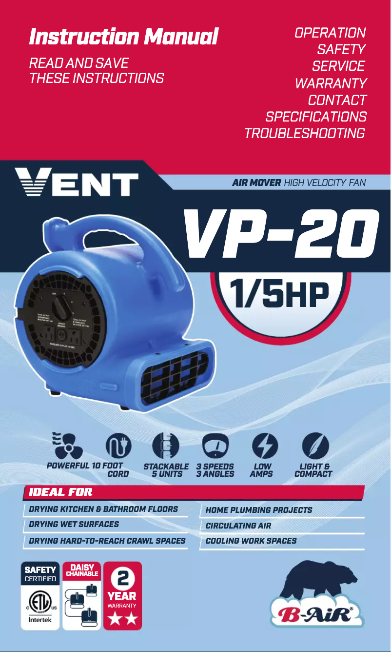 First page image of the manual for Vent VP-20