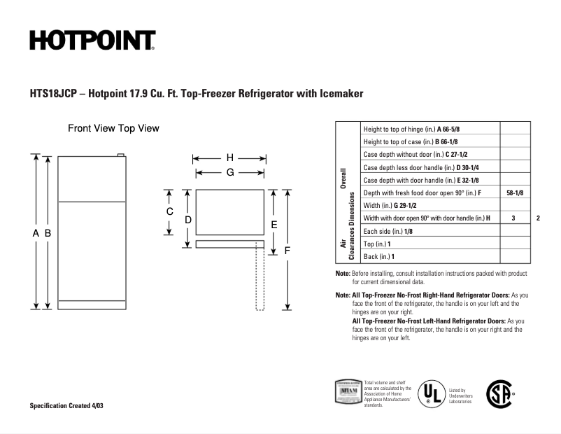 Page 1 of the manual Technical Sheet Hotpoint HTS18JCPWW