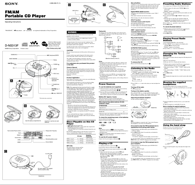 First page image of the manual for Discman D-NS313F