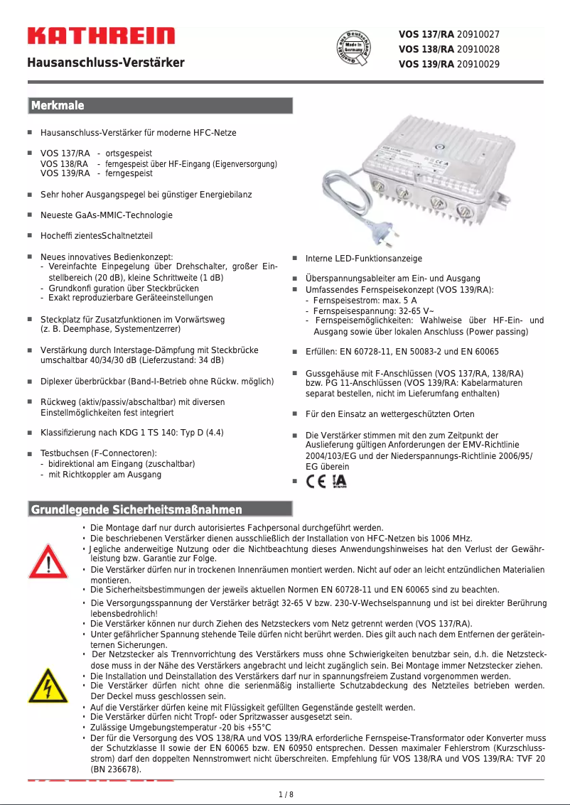 Page 1 of the manual User Manual Kathrein VOS 137/RA