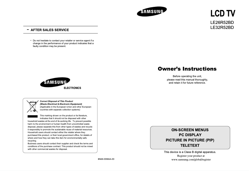 Page 1 of the manual User Manual Samsung LE32R52BD