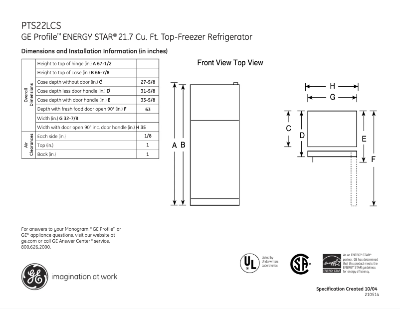 Page 1 of the manual Technical Sheet GE PTS22LCSWW