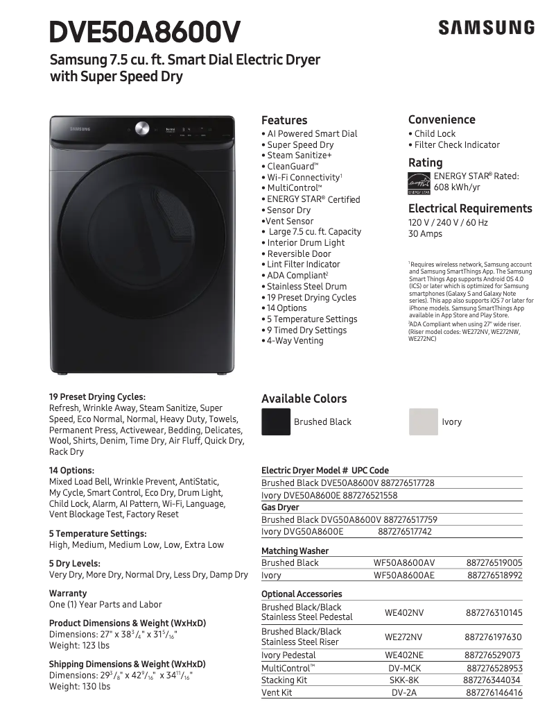 Page 1 of the manual Technical Sheet Samsung DVE50A8600V