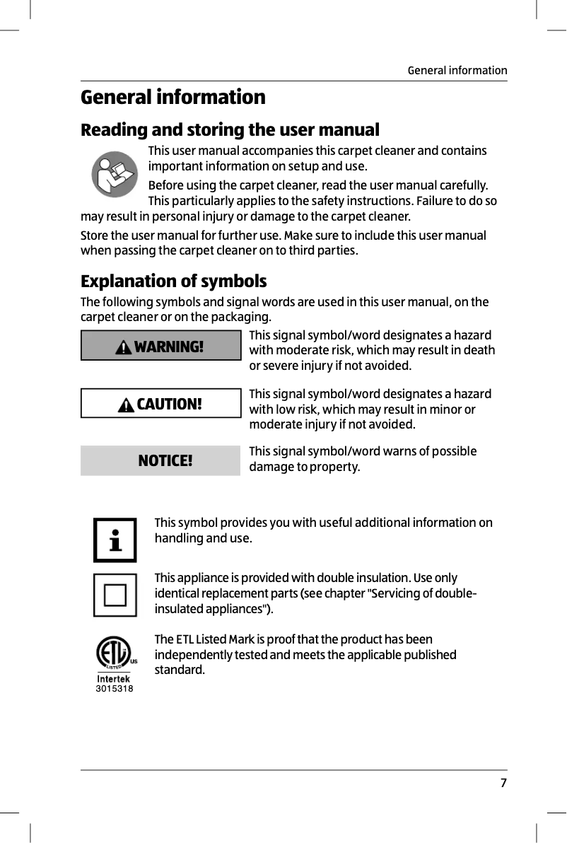 Page 1 of the manual User Manual Easy Home Carpet Cleaner VC9389A