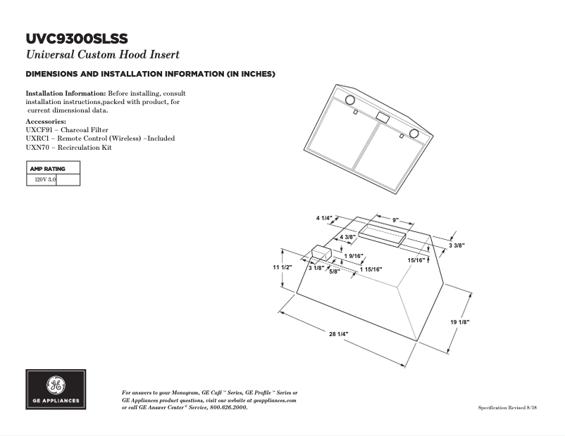Page 1 of the manual Technical Sheet GE UVC9300SLSS