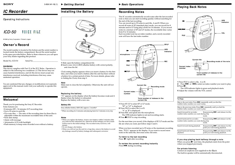 Page 1 of the manual User Manual Sony ICD-50