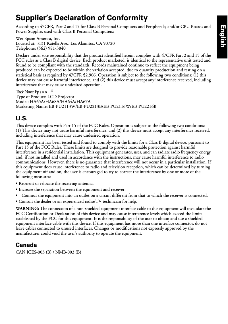 Page 1 de la notice Informations de garantie Epson EB-PU2213B