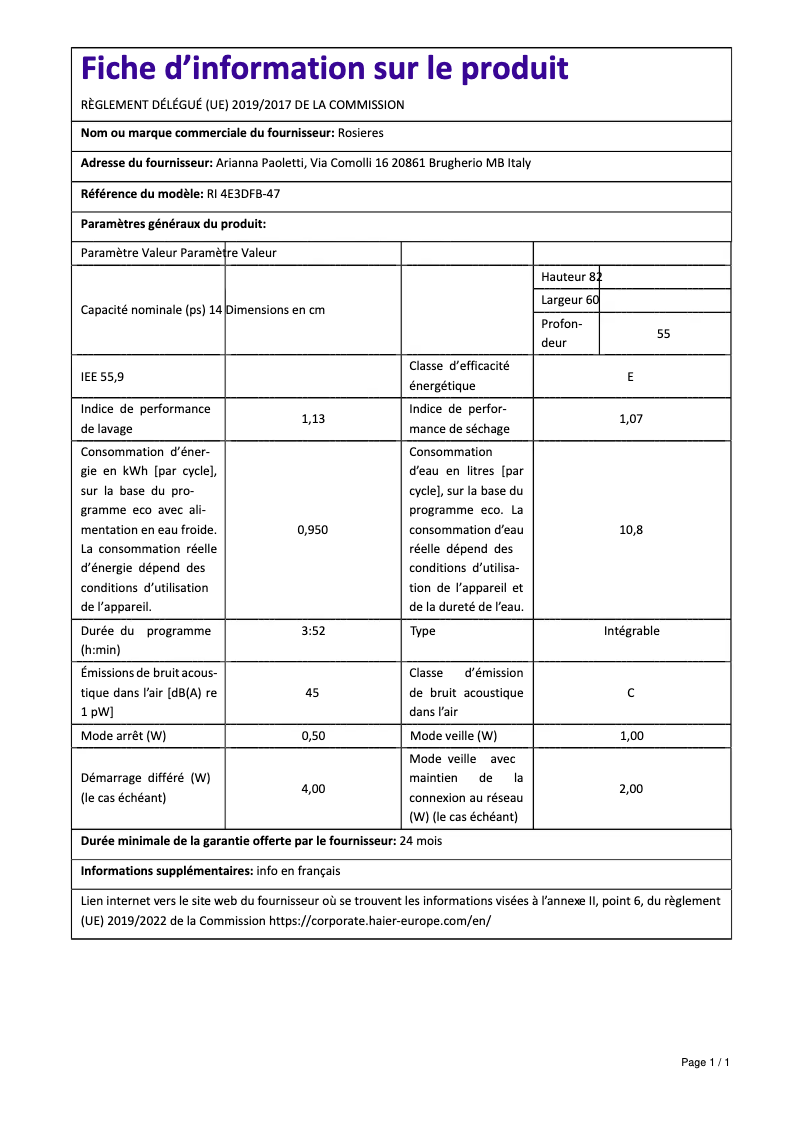 Page 1 of the manual Technical Sheet Rosieres RI 4E3DFB-47