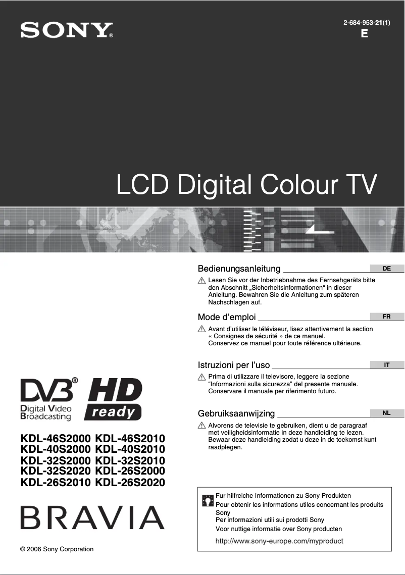 First page image of the manual for Bravia KDL-26S2000