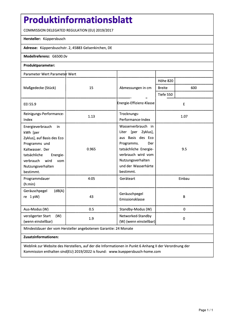 Page 1 of the manual Energy Label Küppersbusch G6500.0v