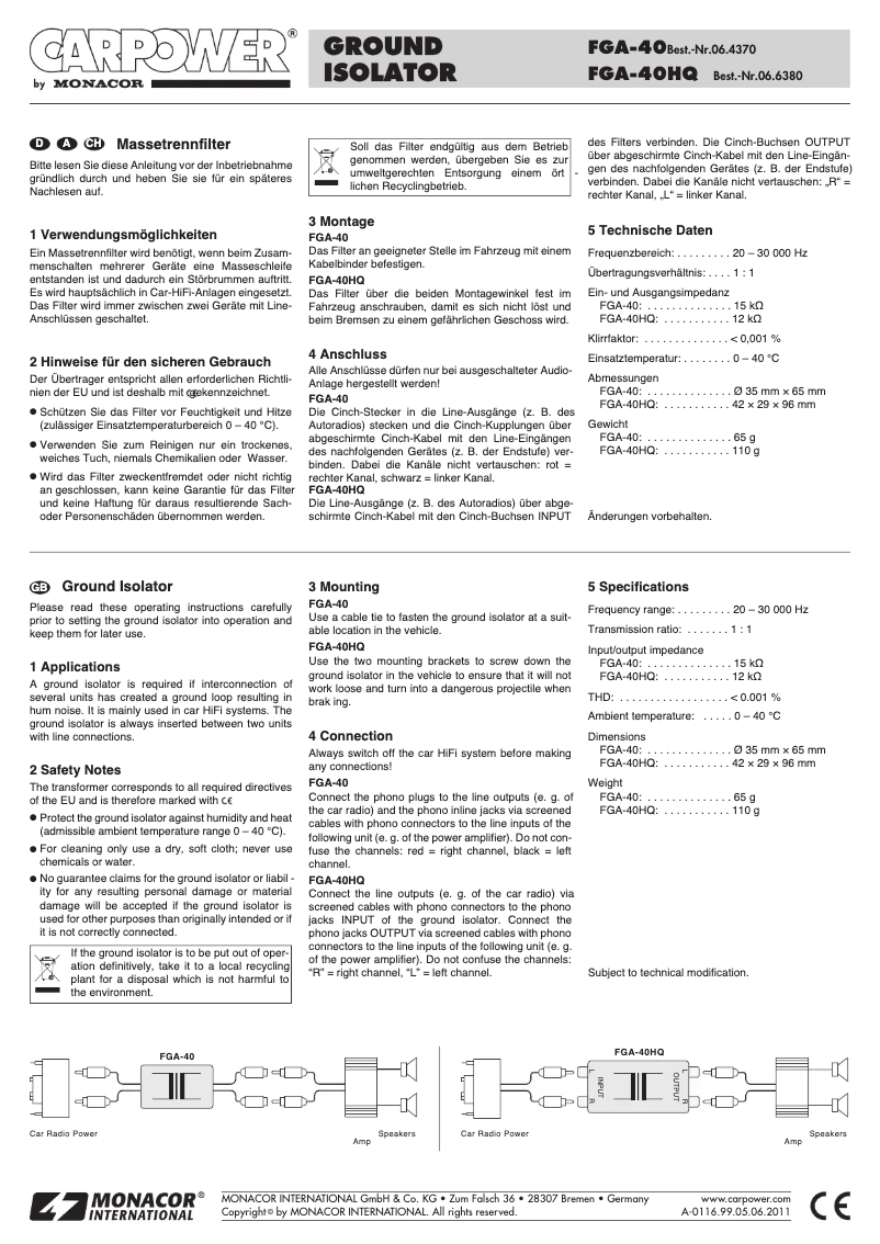 Page 1 of the manual User Manual Monacor FGA-40 06.4370