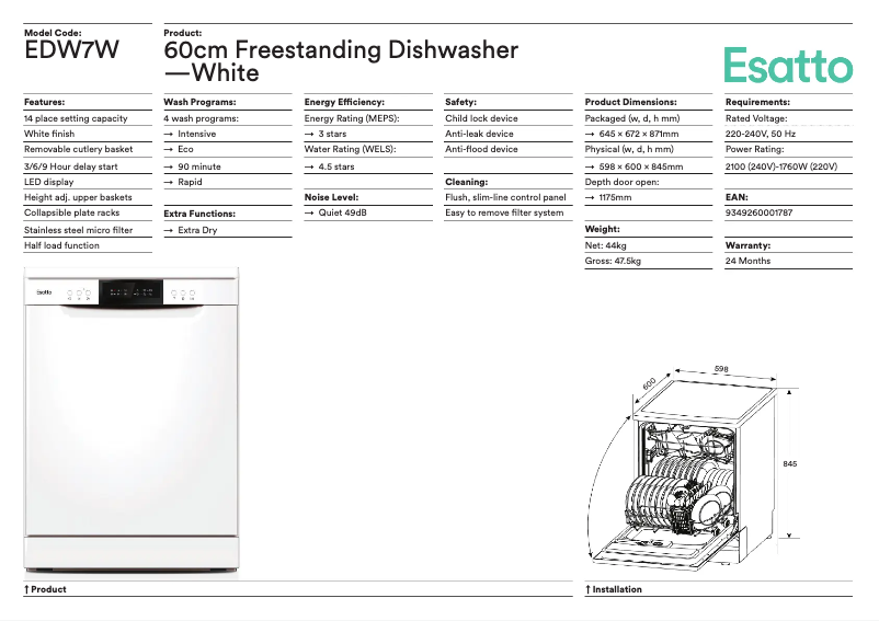 Page 1 of the manual Technical Sheet Esatto EDW7W