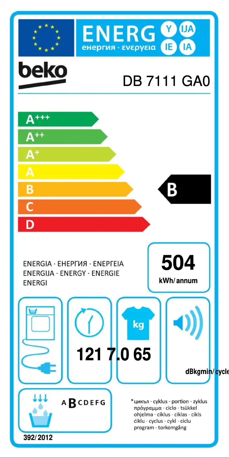 Page 1 of the manual Energy Label Beko DB 7111 GA0