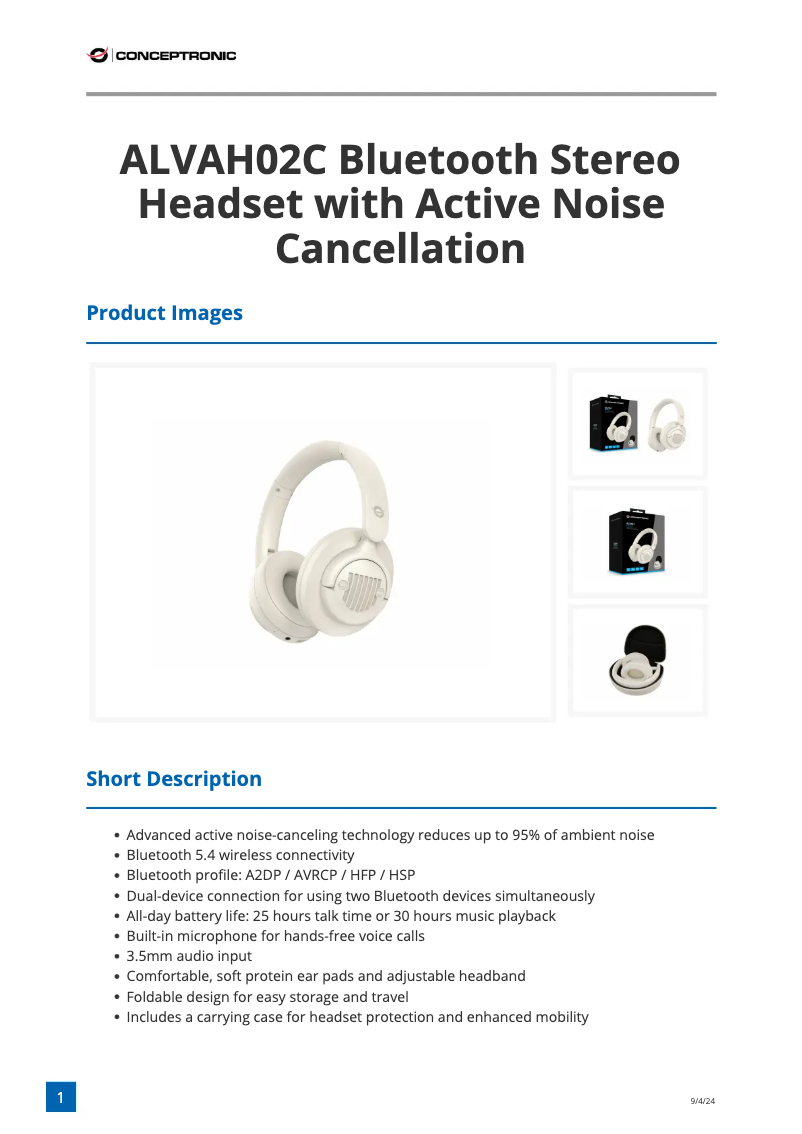 Page 1 of the manual Technical Sheet Conceptronic ALVAH02C