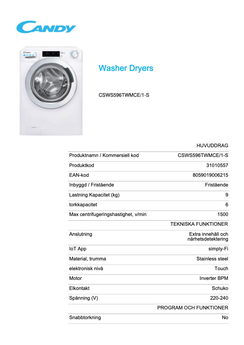 First page image of the manual for CSWS596TWMCE/1-S
