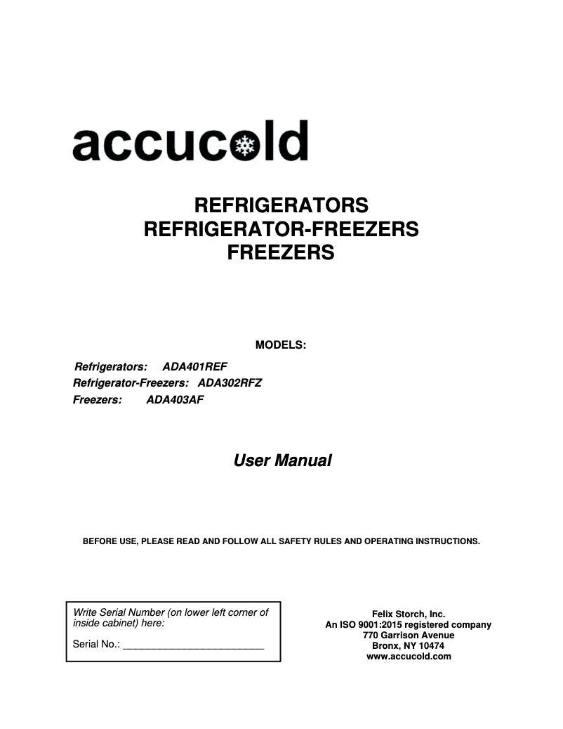 Page 1 of the manual User Manual Accucold ADA302BRFZ