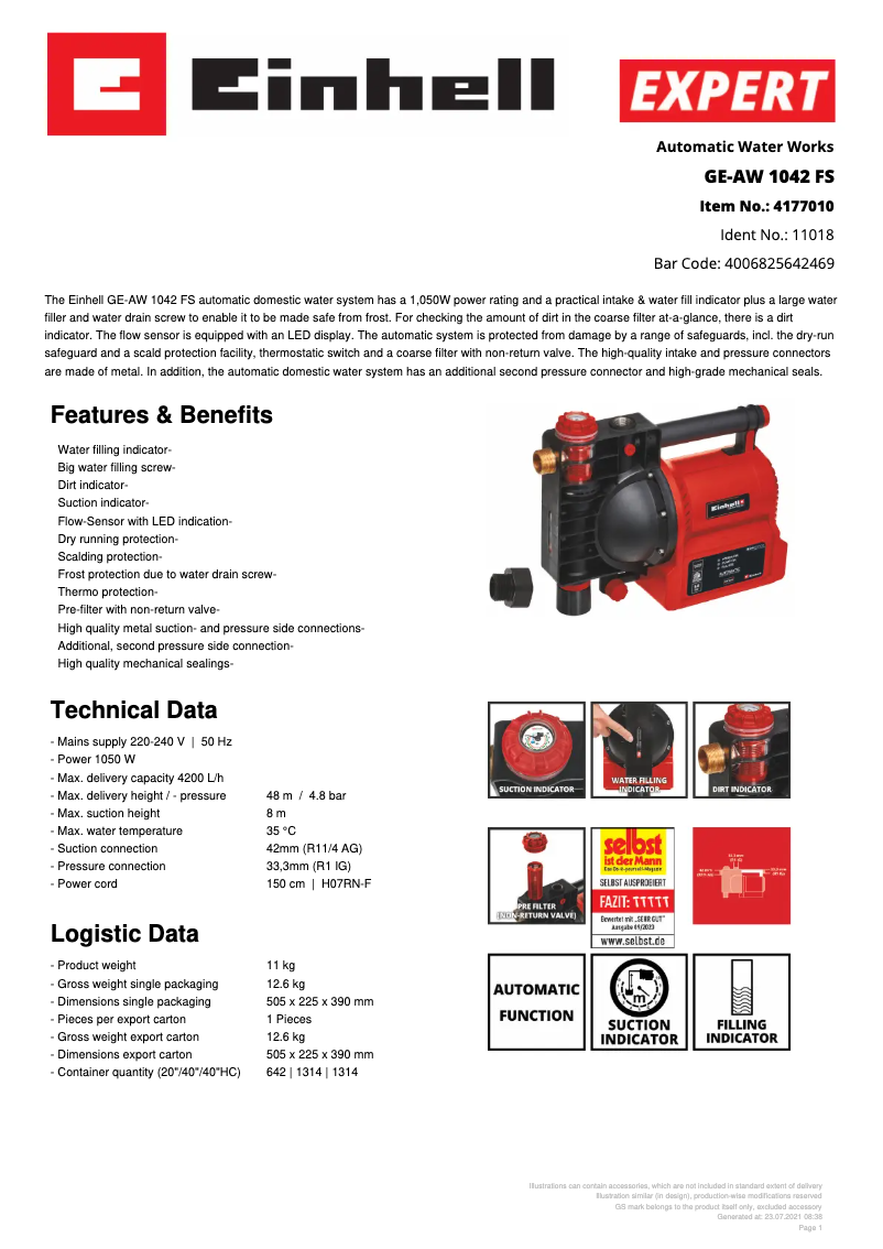 Page 1 of the manual Technical Sheet Einhell GE-AW 1042 FS