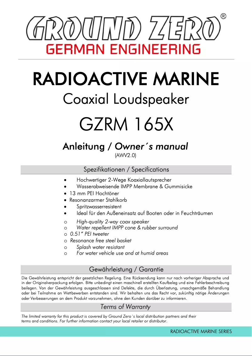 First page image of the manual for GZRM 165X