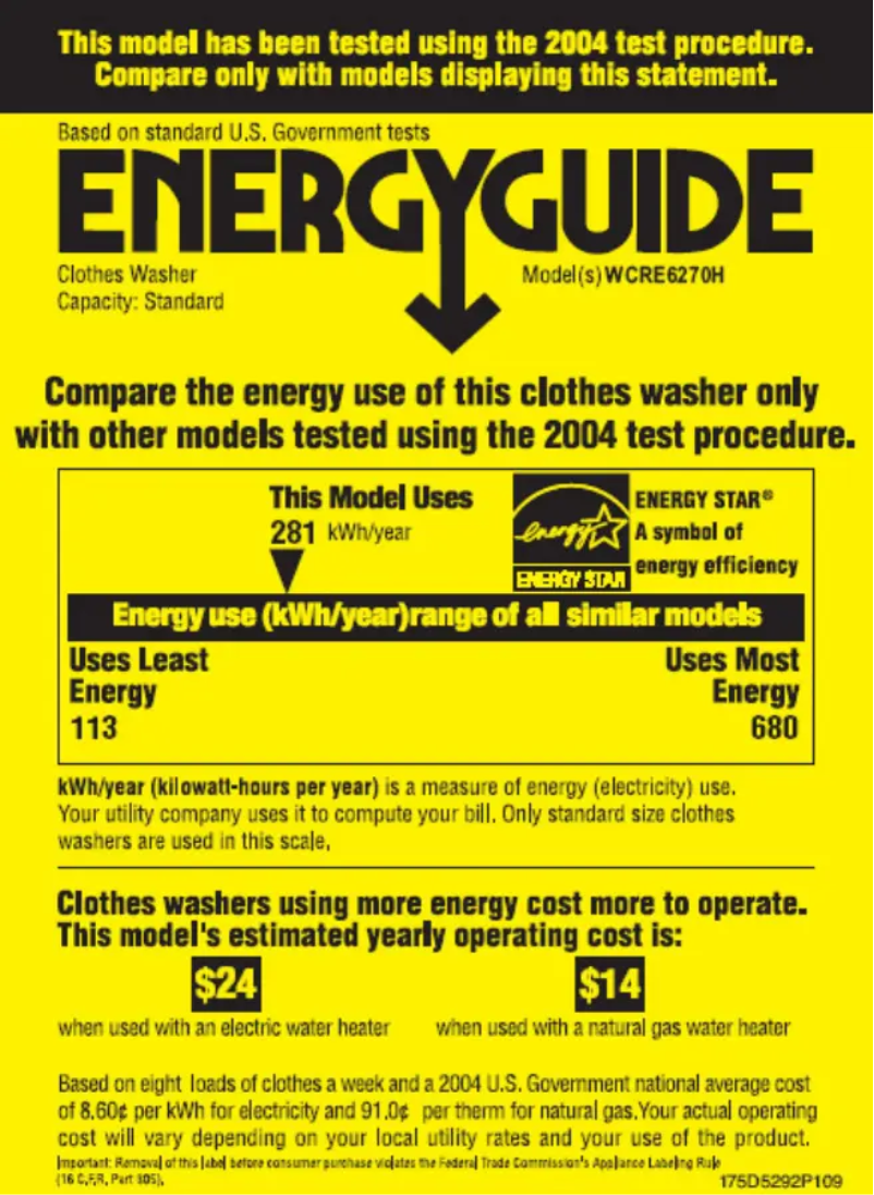 Page 1 of the manual Energy Label GE WCRE6270HWW