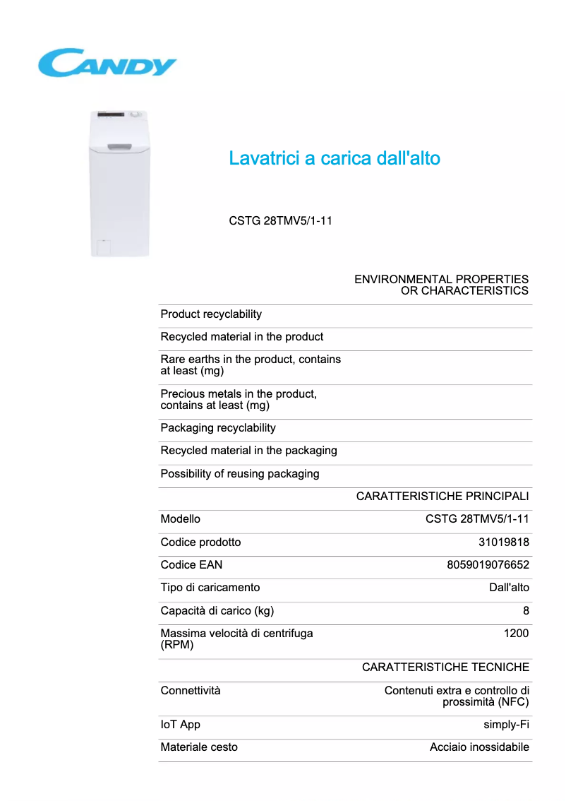 Page 1 of the manual Technical Sheet Candy CSTG 28TMV5/1-11