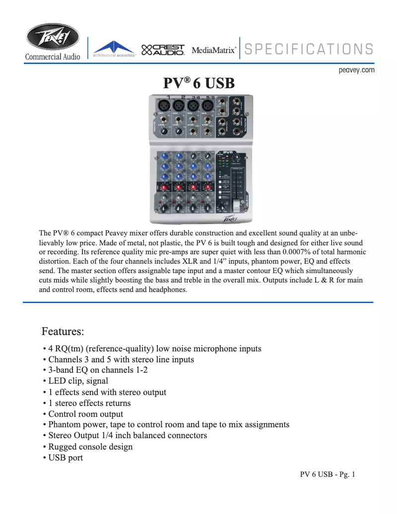 Page 1 of the manual Technical Sheet Peavey PV 6 USB