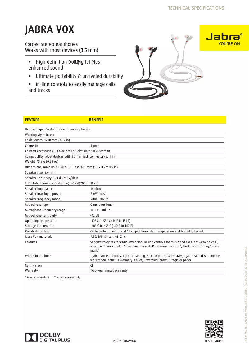 Page 1 of the manual Technical Sheet Jabra Vox