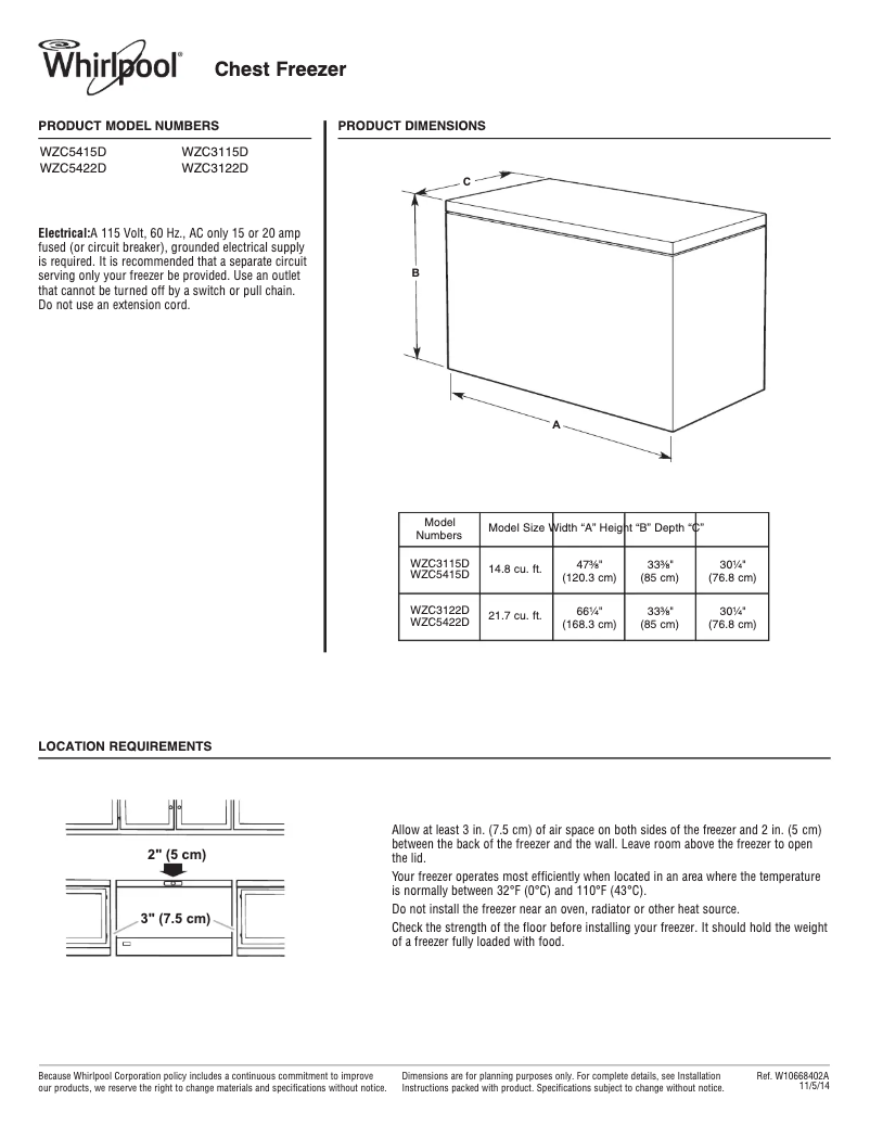 Page 1 of the manual Technical Sheet Whirlpool WZC5422D