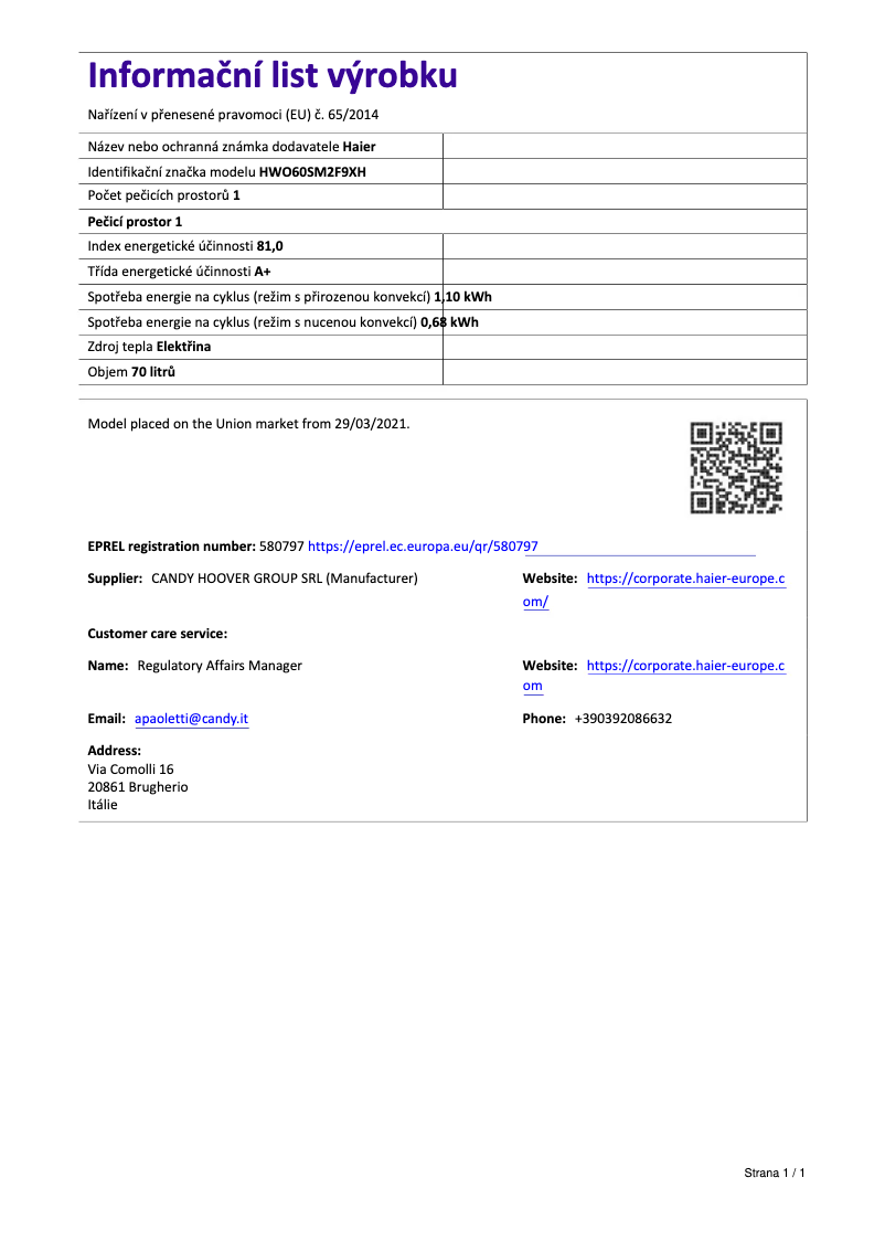 First page image of the manual for HWO60SM2F9XH