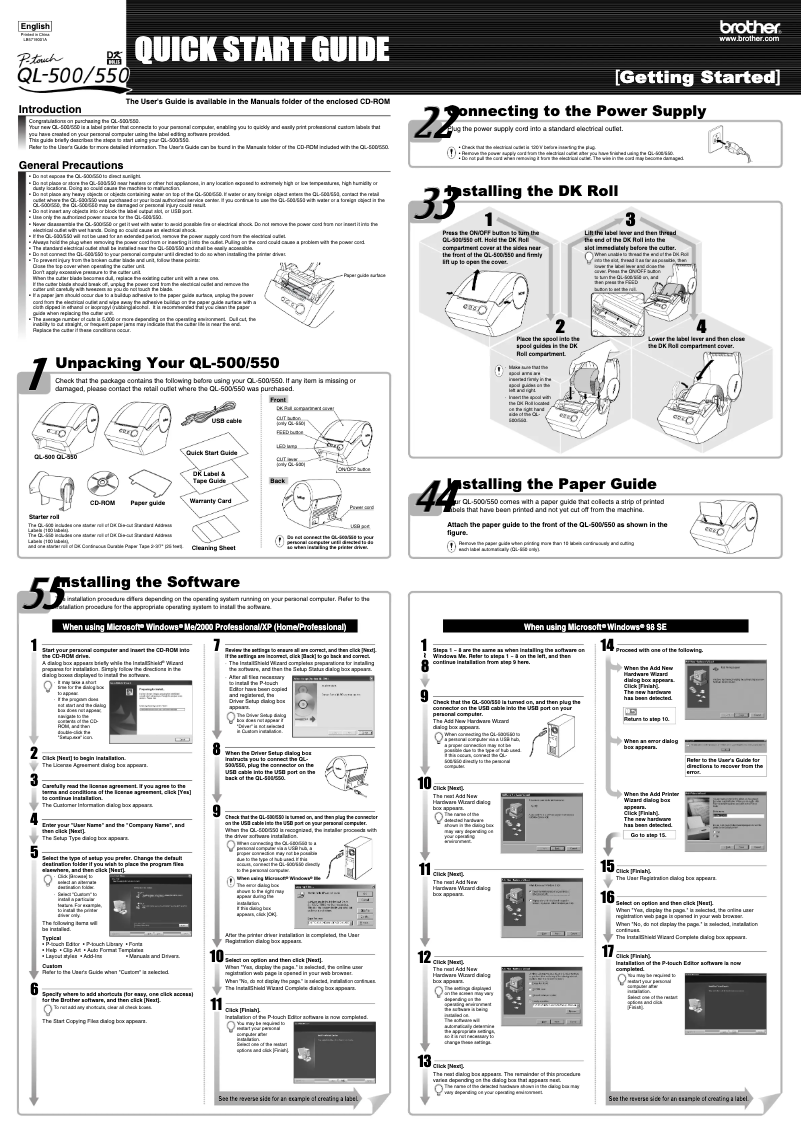 Page 1 of the manual Quick Start Guide Brother QL-550