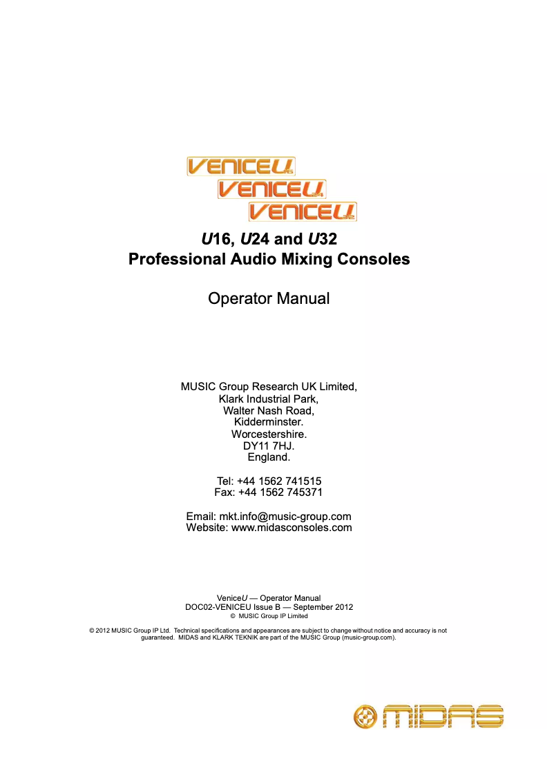 Page 1 of the manual User Manual Midas VeniceU U32