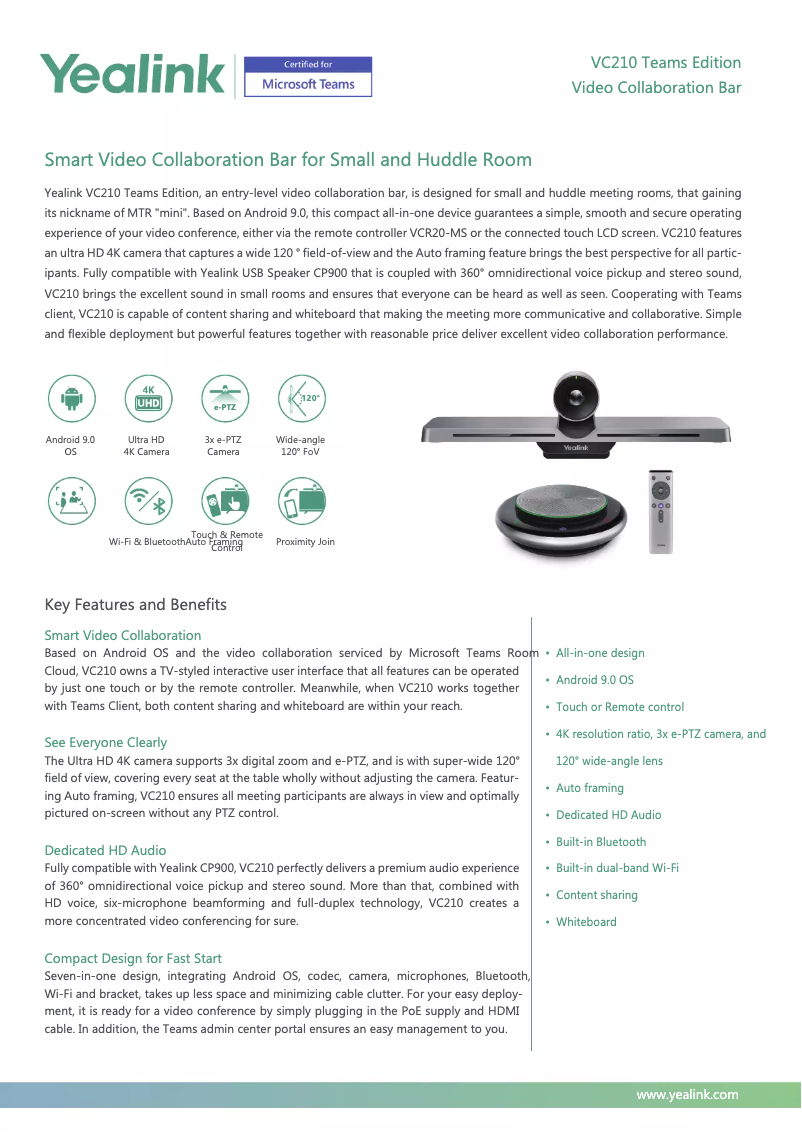 Page 1 of the manual Technical Sheet Yealink VC210