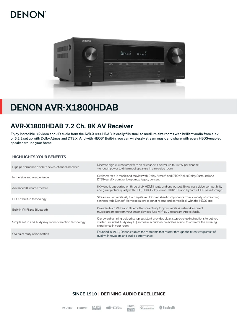 Page 1 of the manual Technical Sheet Denon AVR-X1800H DAB