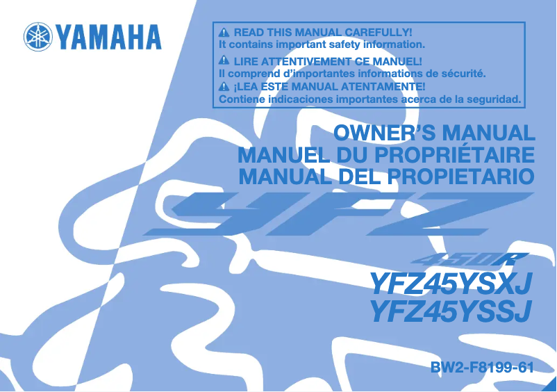First page image of the manual for YFZ450R (2018)
