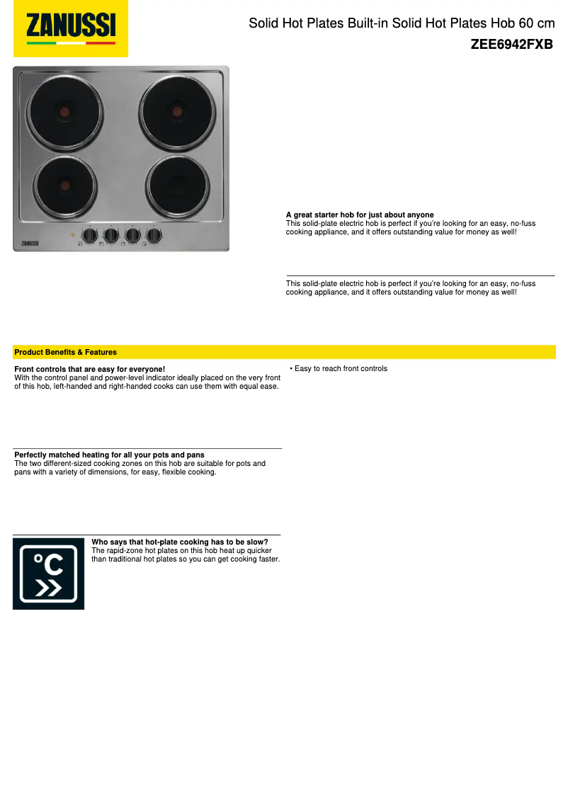 Page 1 of the manual Technical Sheet Zanussi ZEE6942FXB