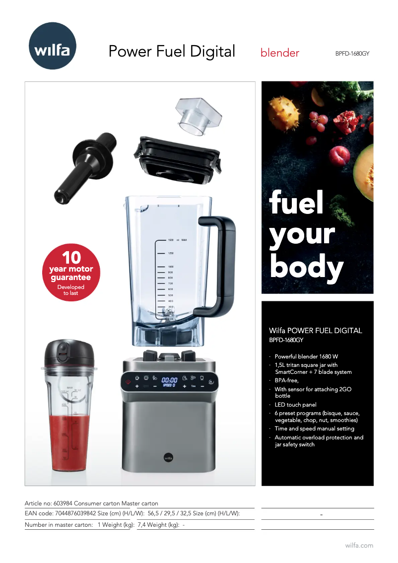 Page 1 de la notice Fiche technique Wilfa Power Fuel Digital BPFD-1680GY