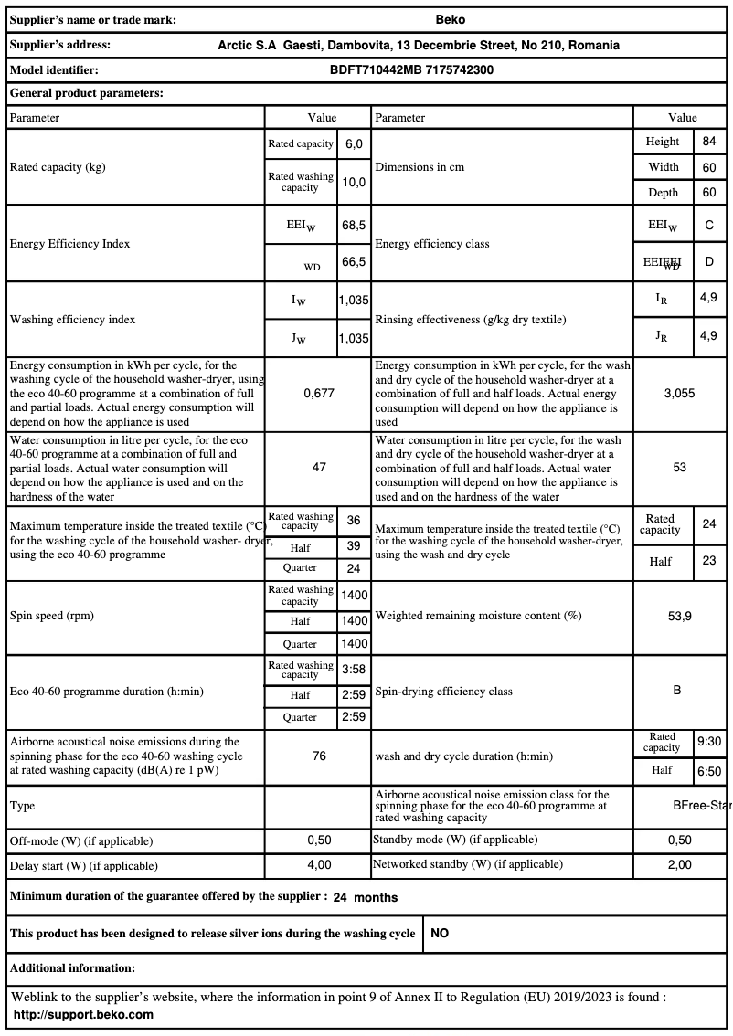 Page 1 of the manual Technical Sheet Beko BDFT710442MB