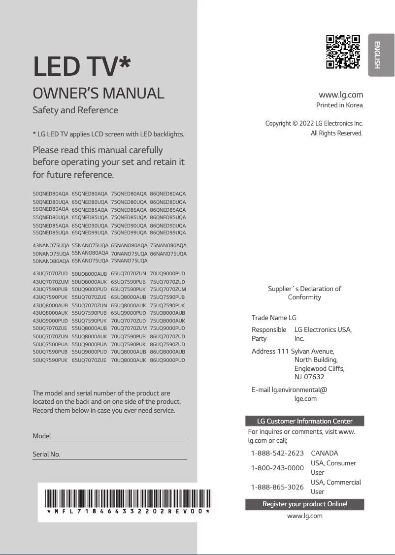 First page image of the manual for 65UQ7070ZUE