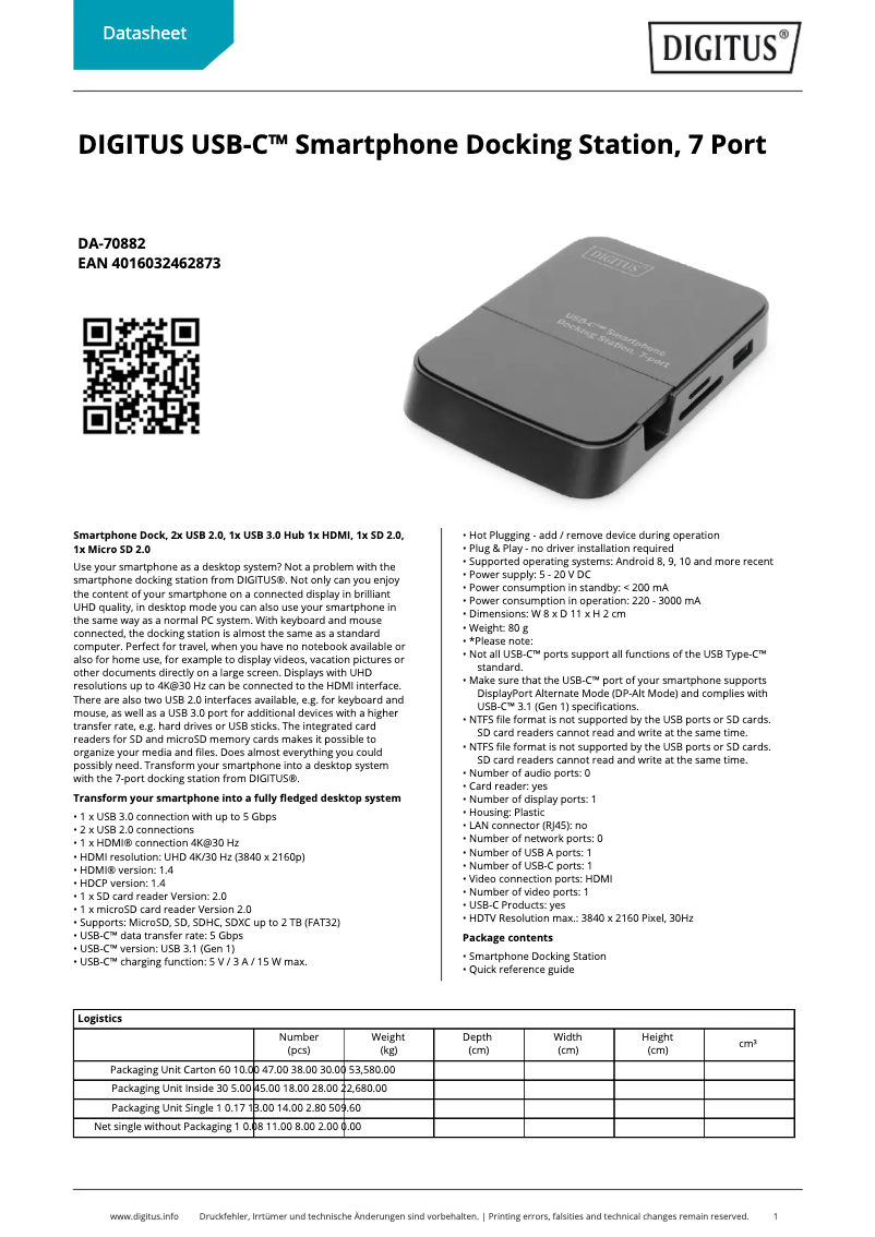 Page 1 of the manual Technical Sheet Digitus DA-70882