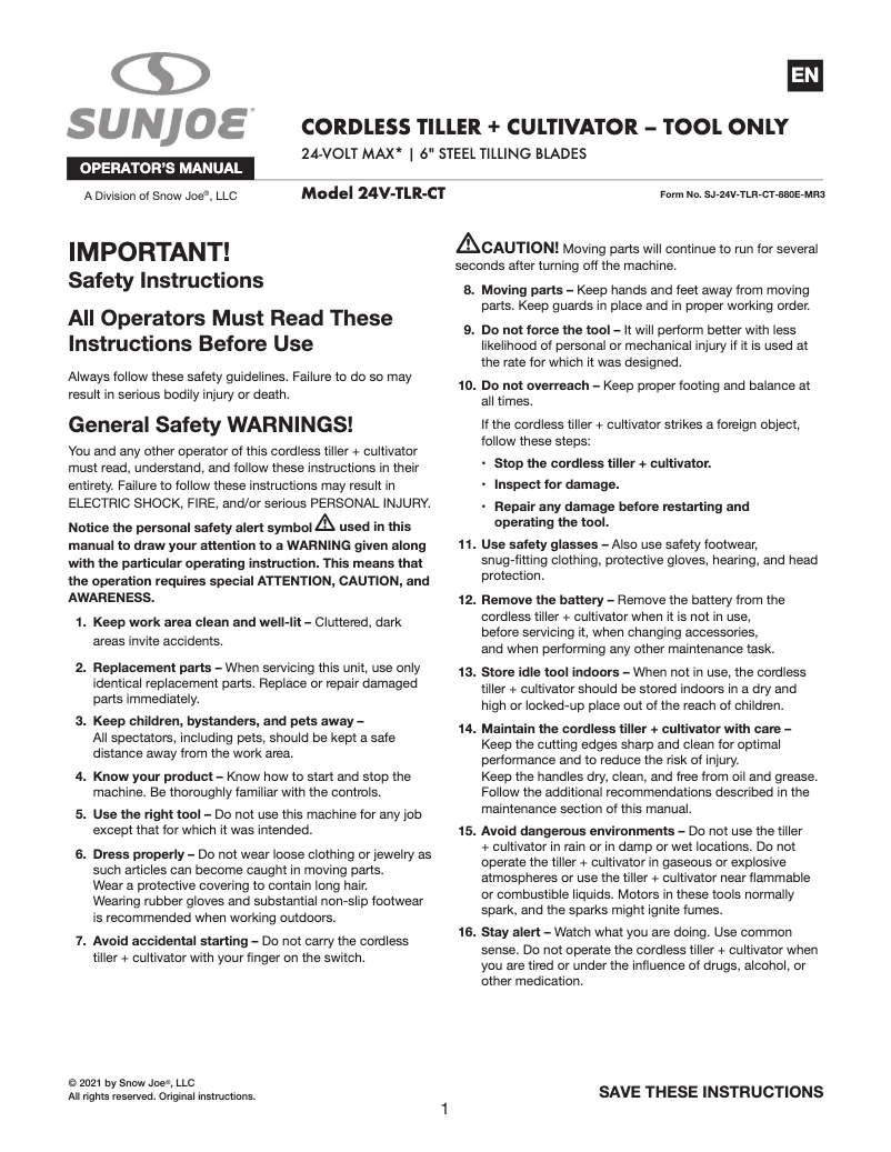 Page 1 of the manual User Manual Sun Joe 24V-TLR-CT