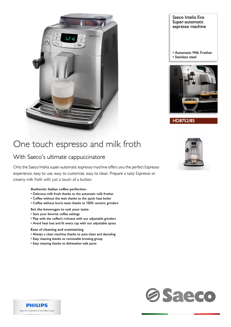 First page image of the manual for Saeco Intelia Evo HD8752