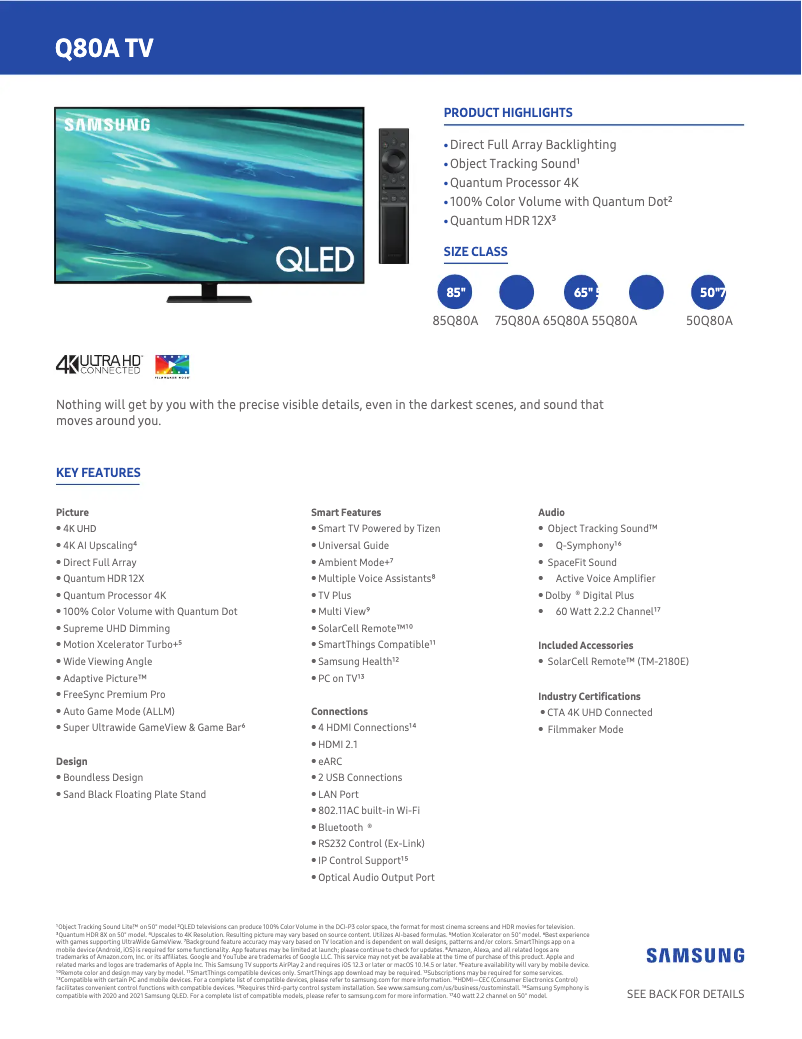 Page 1 of the manual Technical Sheet Samsung QN50Q80A