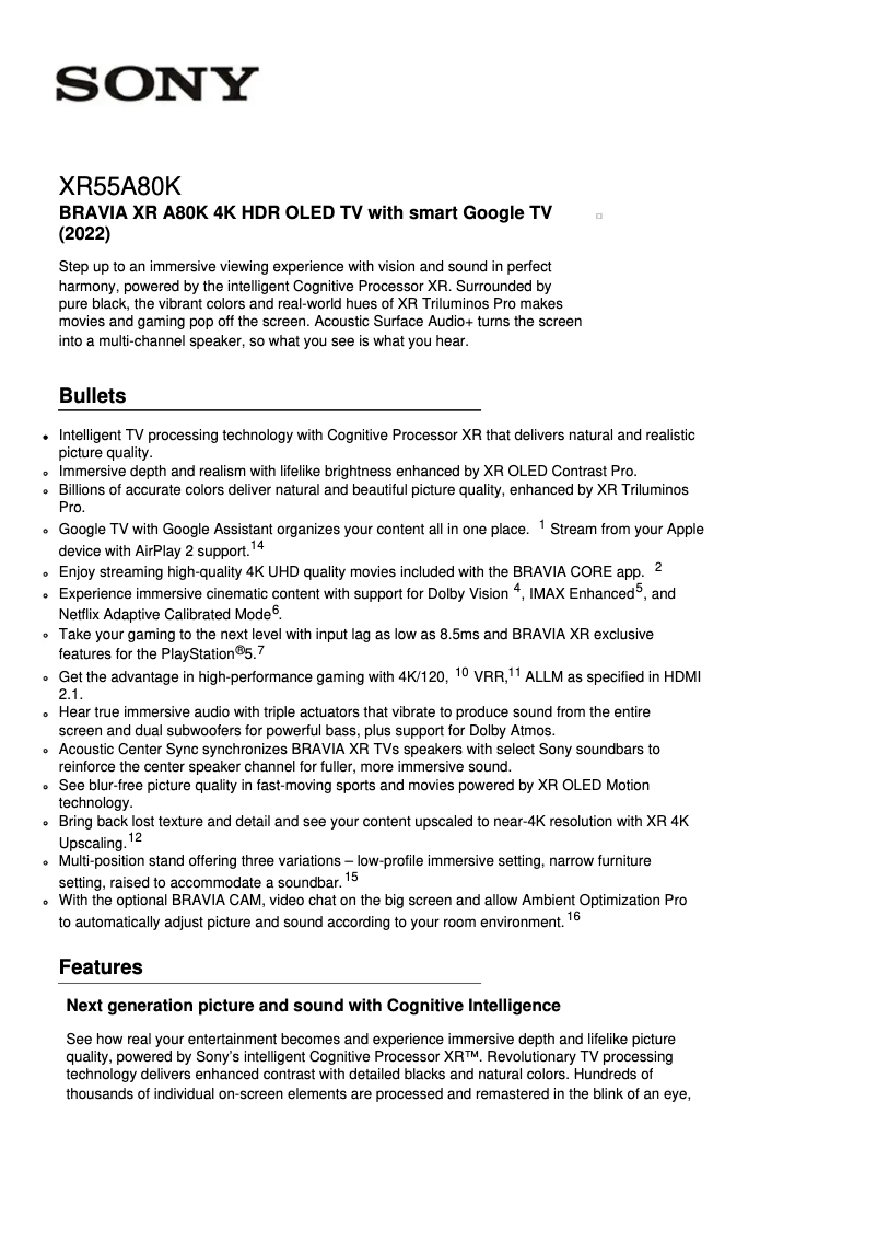 Page 1 of the manual Technical Sheet Sony XR-55A80K