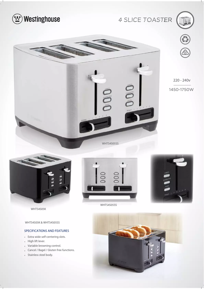 Page 1 de la notice Fiche technique Westinghouse WHTS4S05K