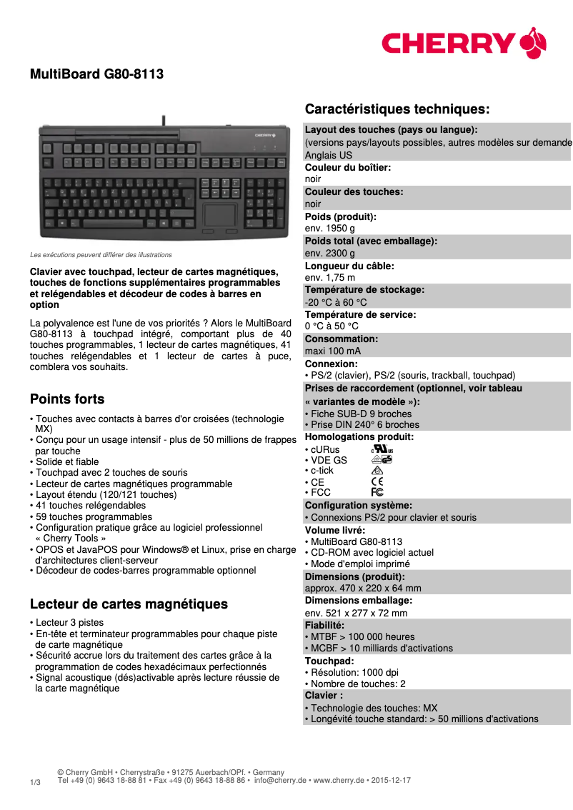 Page 1 of the manual Technical Sheet Cherry MultiBoard G80-8113