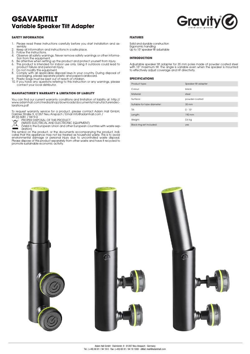 Page 1 of the manual User Manual Gravity SA Vari-tilt