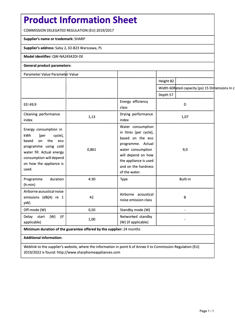 Page 1 of the manual User Manual Sharp QW-NA24S42DI-DE