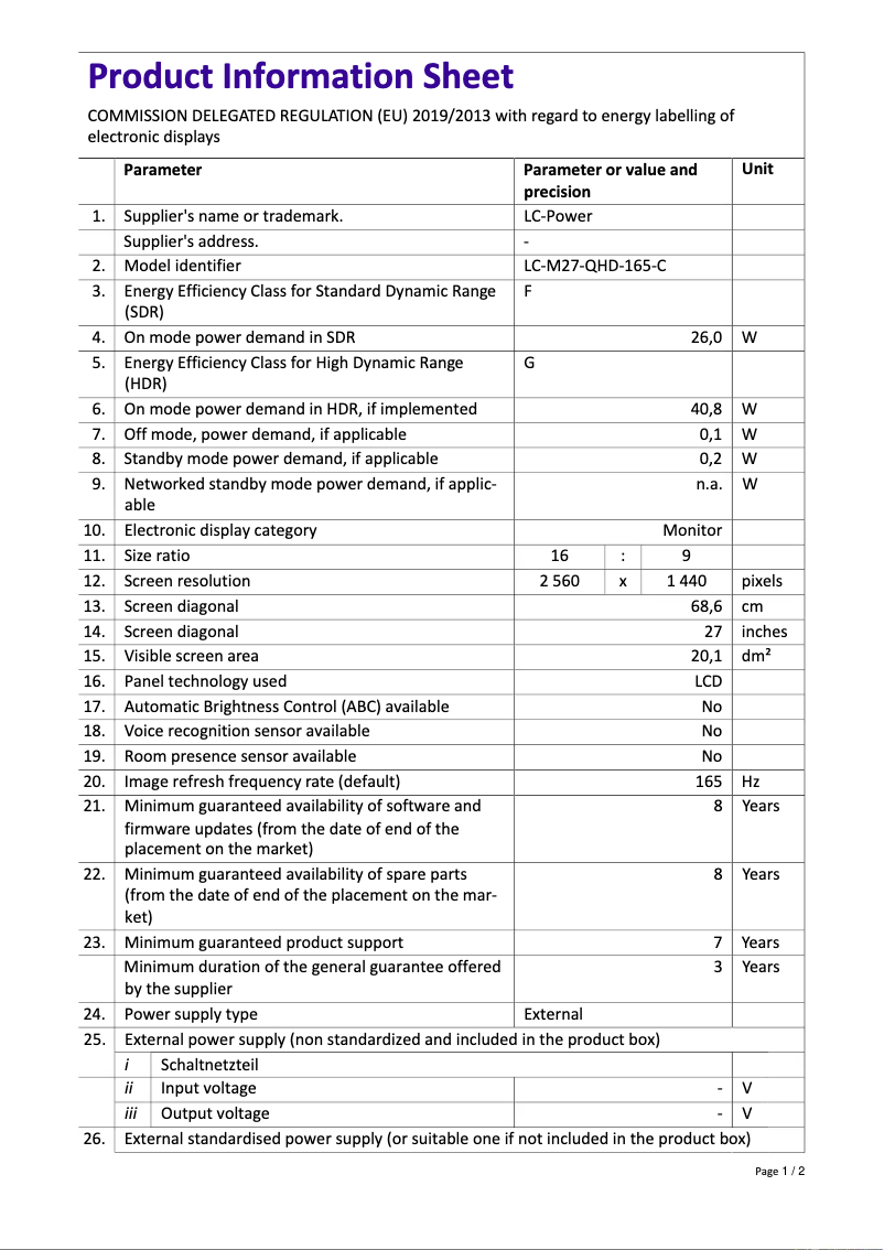 First page image of the manual for LC-M27-QHD-165-C