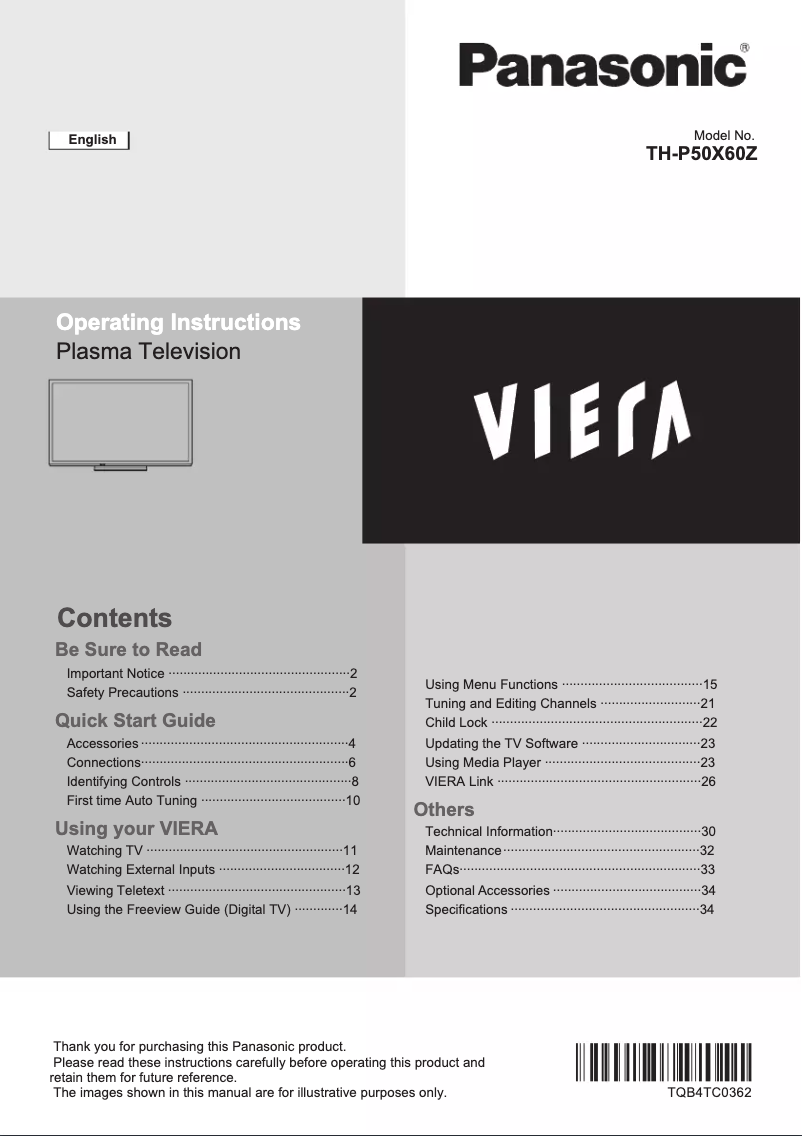 First page image of the manual for TH-P50X60Z